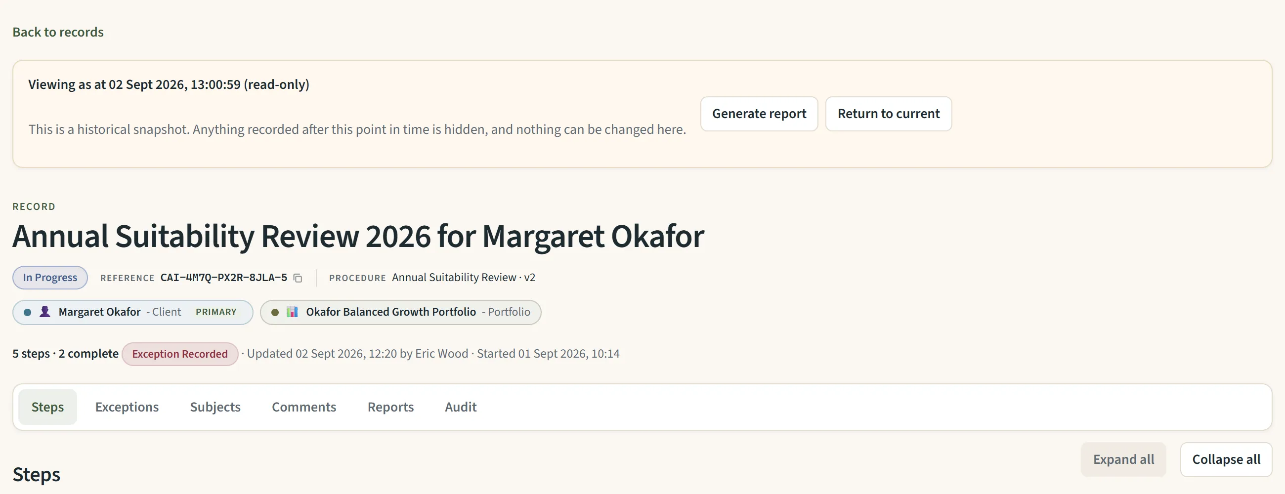 The same record viewed as at an earlier date, marked read-only, with a Generate report button.
