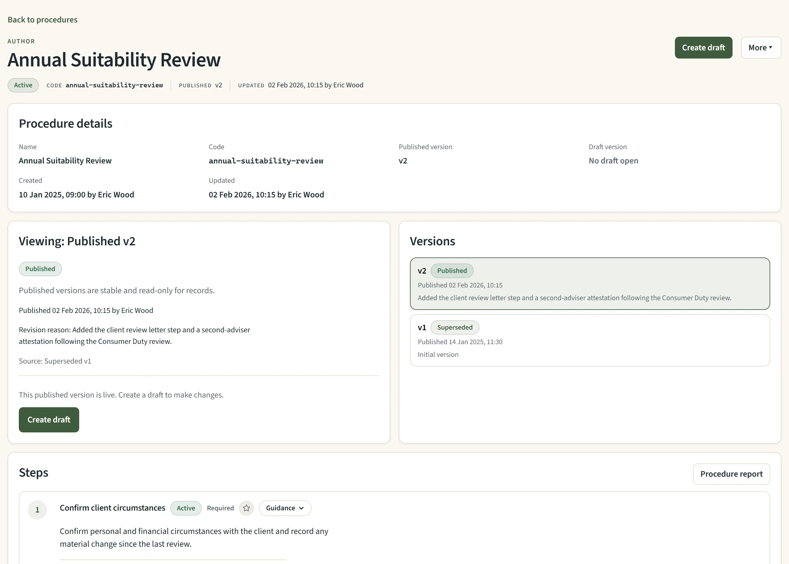A published procedure, Annual Suitability Review, showing version 2 published and version 1 superseded, with its first step and guidance.