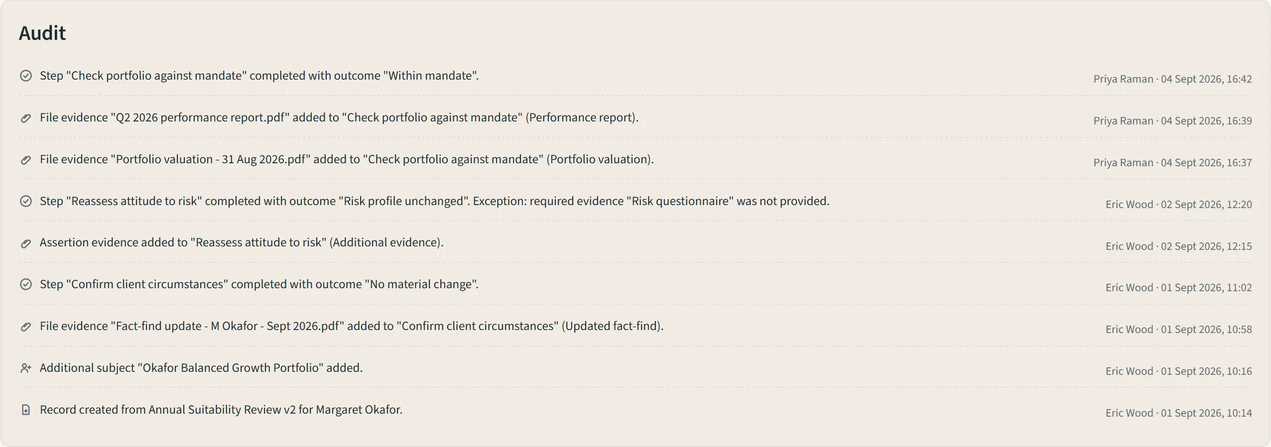 A record's audit panel listing each step completion, evidence addition and subject change with the person and time.